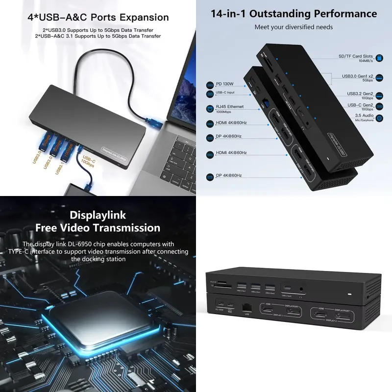 Docking Station Displaylink Dual 4K - for Cheap 14 Ports USB C