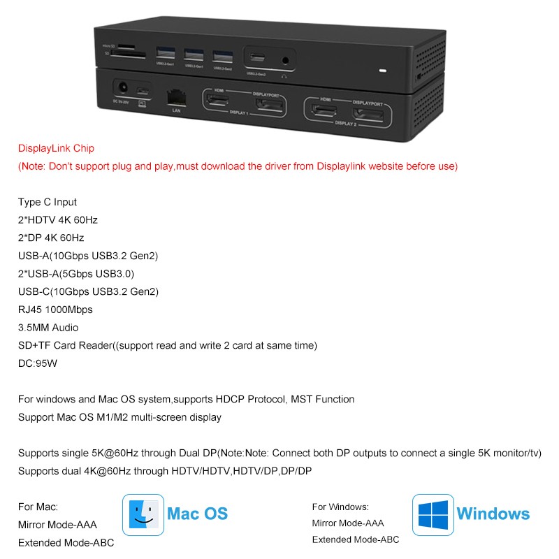 Docking Station Displaylink Dual 4K - EE1 14-In-1 Displaylink MST Multi-Screen Expansion