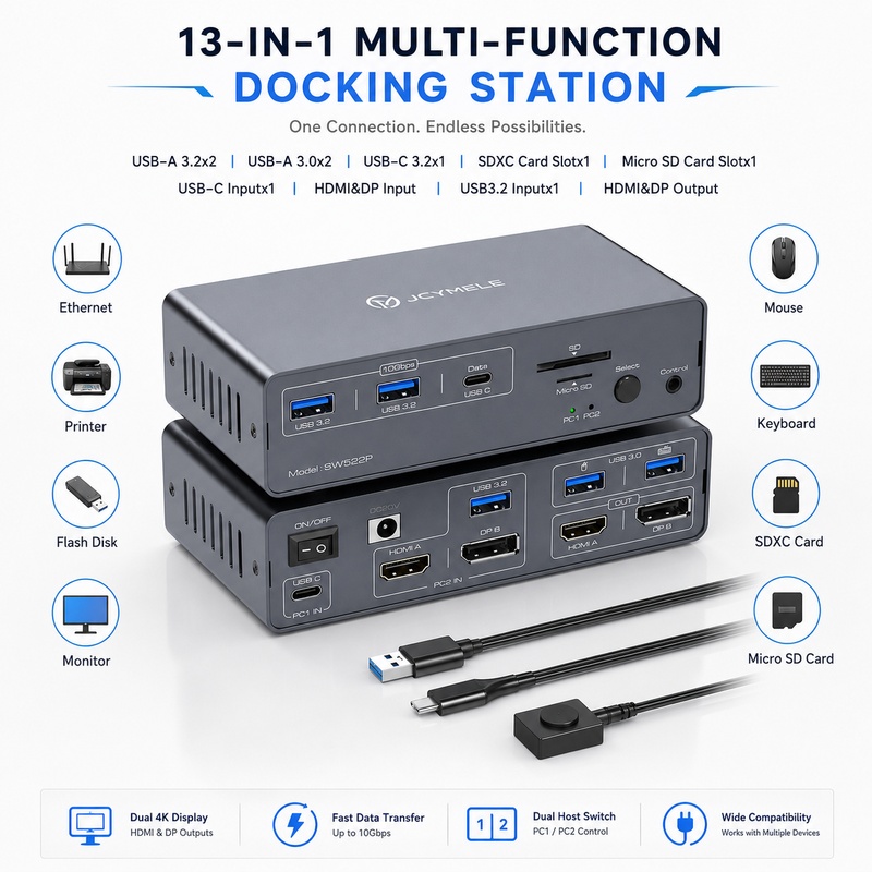 JCYMELE Dual-Monitor USB-C KVM - огляд і ціна Docking Station Dual Monitor Dp Hdmi